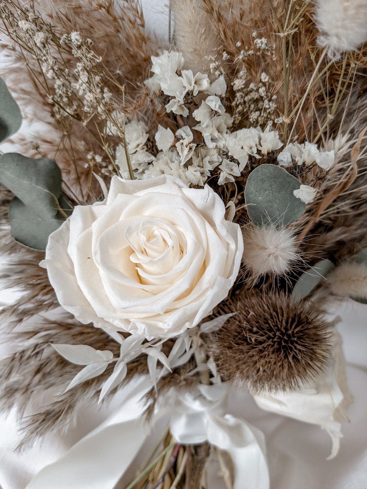 Boho Neutral Dried Flower Bridal Bouquet - Brown Pampas Grass and Preserved Roses