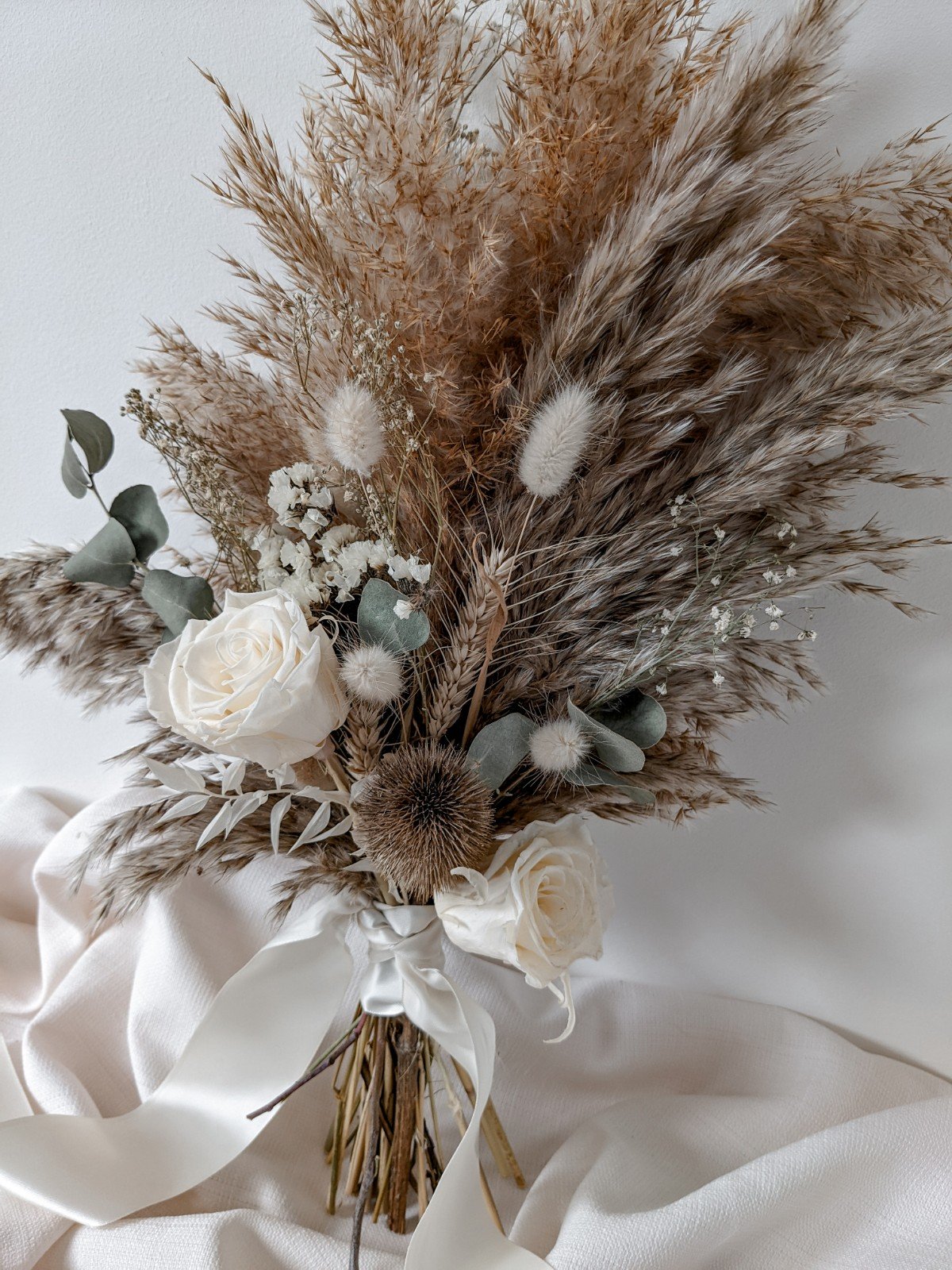 Boho Neutral Dried Flower Bridal Bouquet - Brown Pampas Grass and Preserved Roses