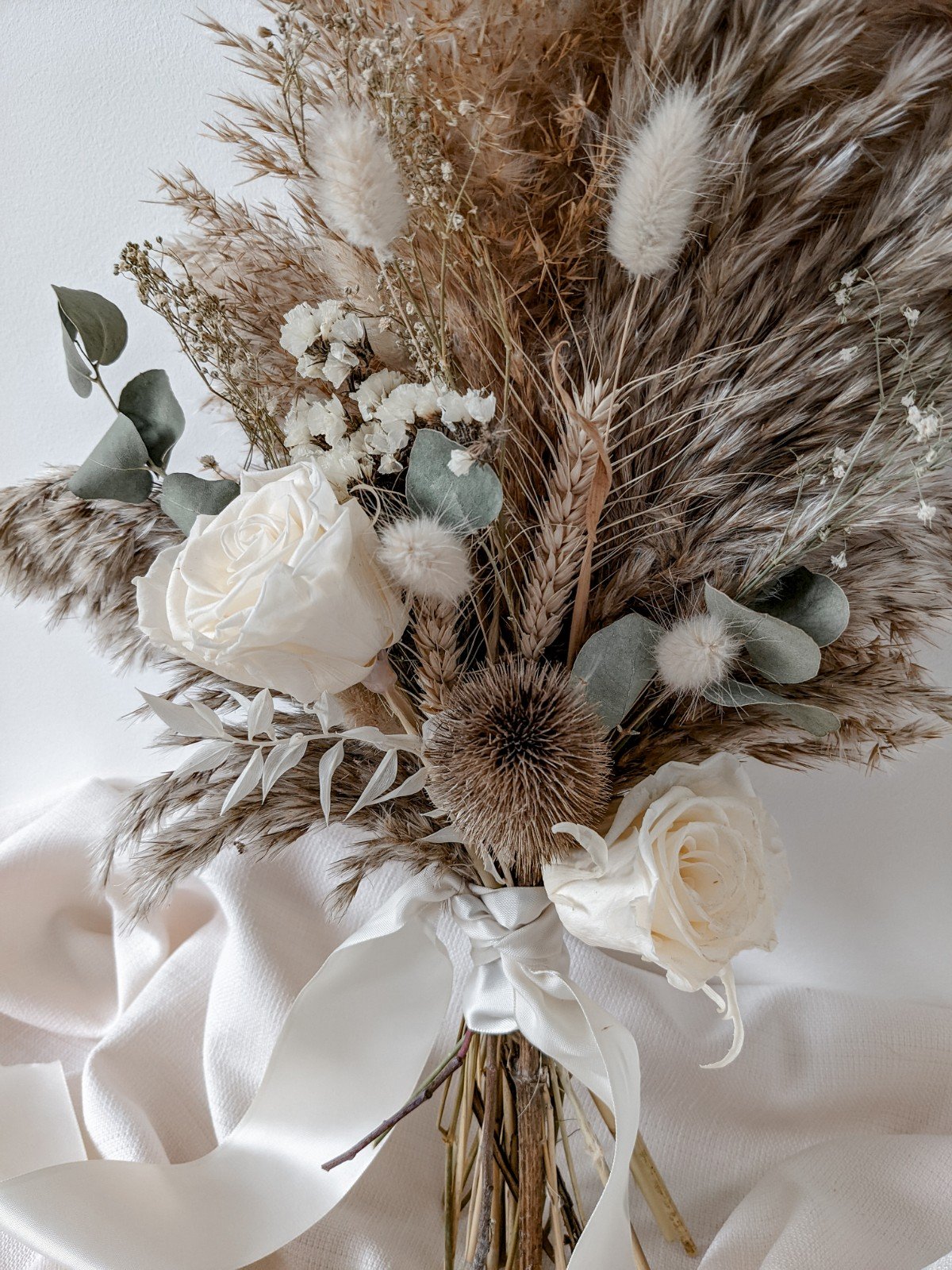 Boho Neutral Dried Flower Bridal Bouquet - Brown Pampas Grass and Preserved Roses
