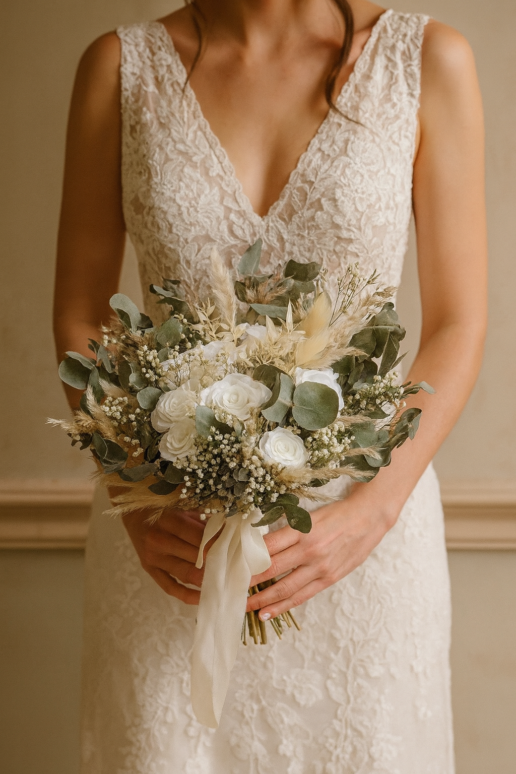 Eucalyptus and Rose Radiance Bridal Bouquet - Eucalyptus, Pampas Grass, White Roses
