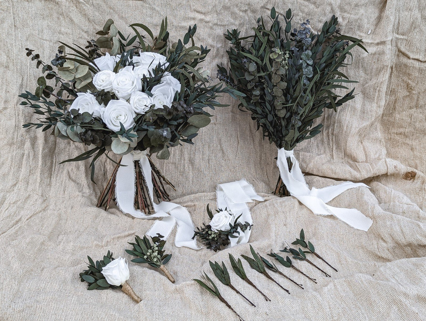 Classic White Bridal Bouquet - Eucalyptus and White Preserved Roses