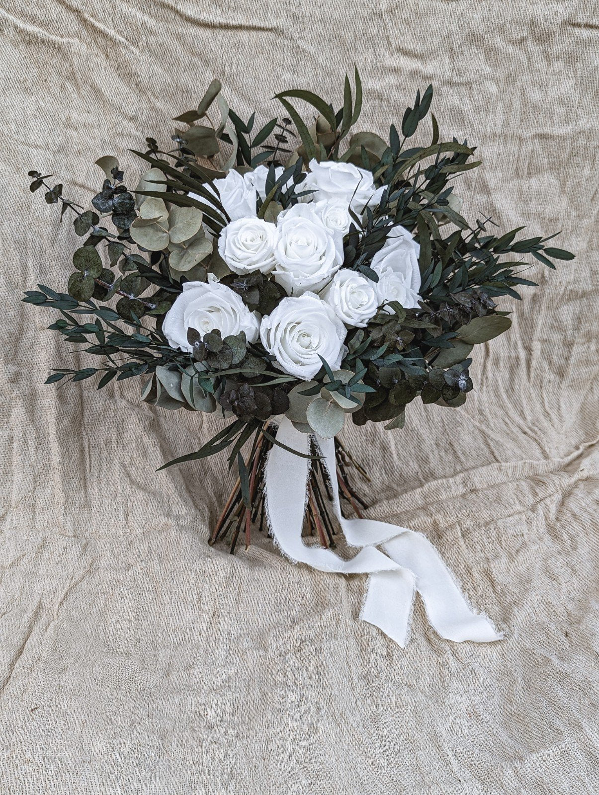 Classic White Bridal Bouquet - Eucalyptus and White Preserved Roses