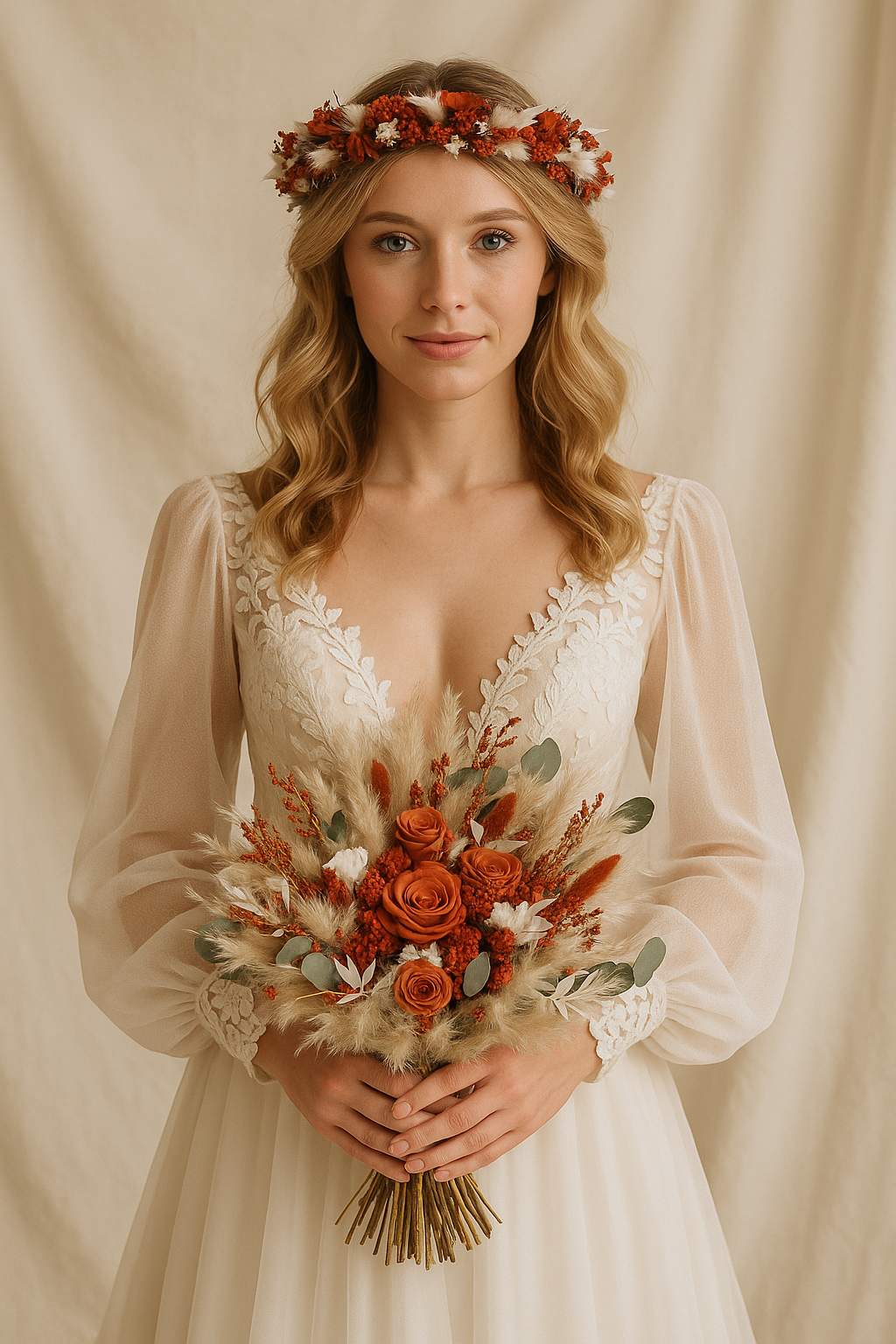 Autumn Wanderlust Bridal Bouquet - Terracotta, pampas and preserved roses