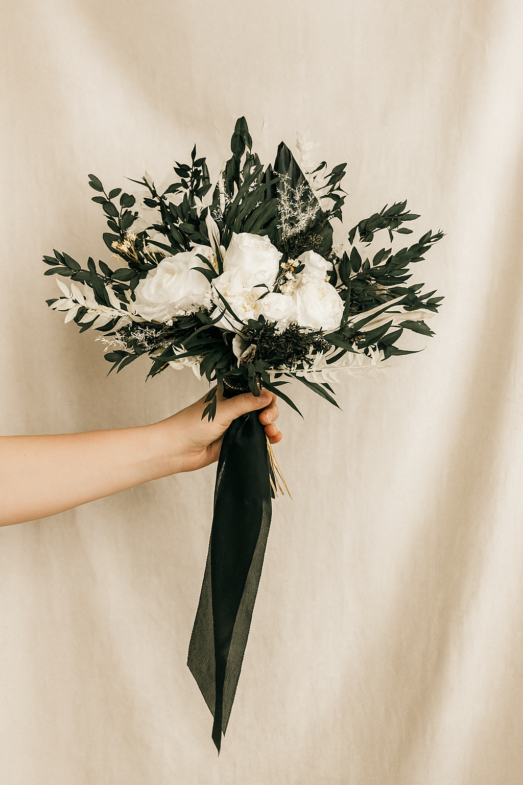 Midnight Phantom Bridal Bouquet - Eucalyptus, White Roses