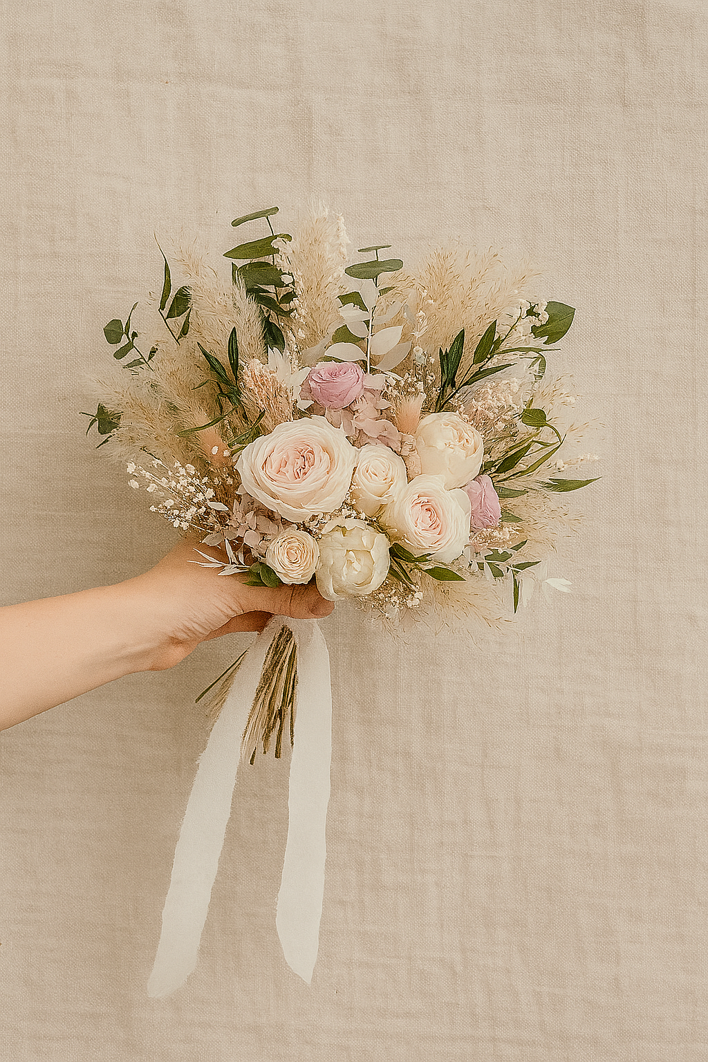 Blushing Bride Bridal Bouquet - Roses, peonies, pampas grass and eucalyptus