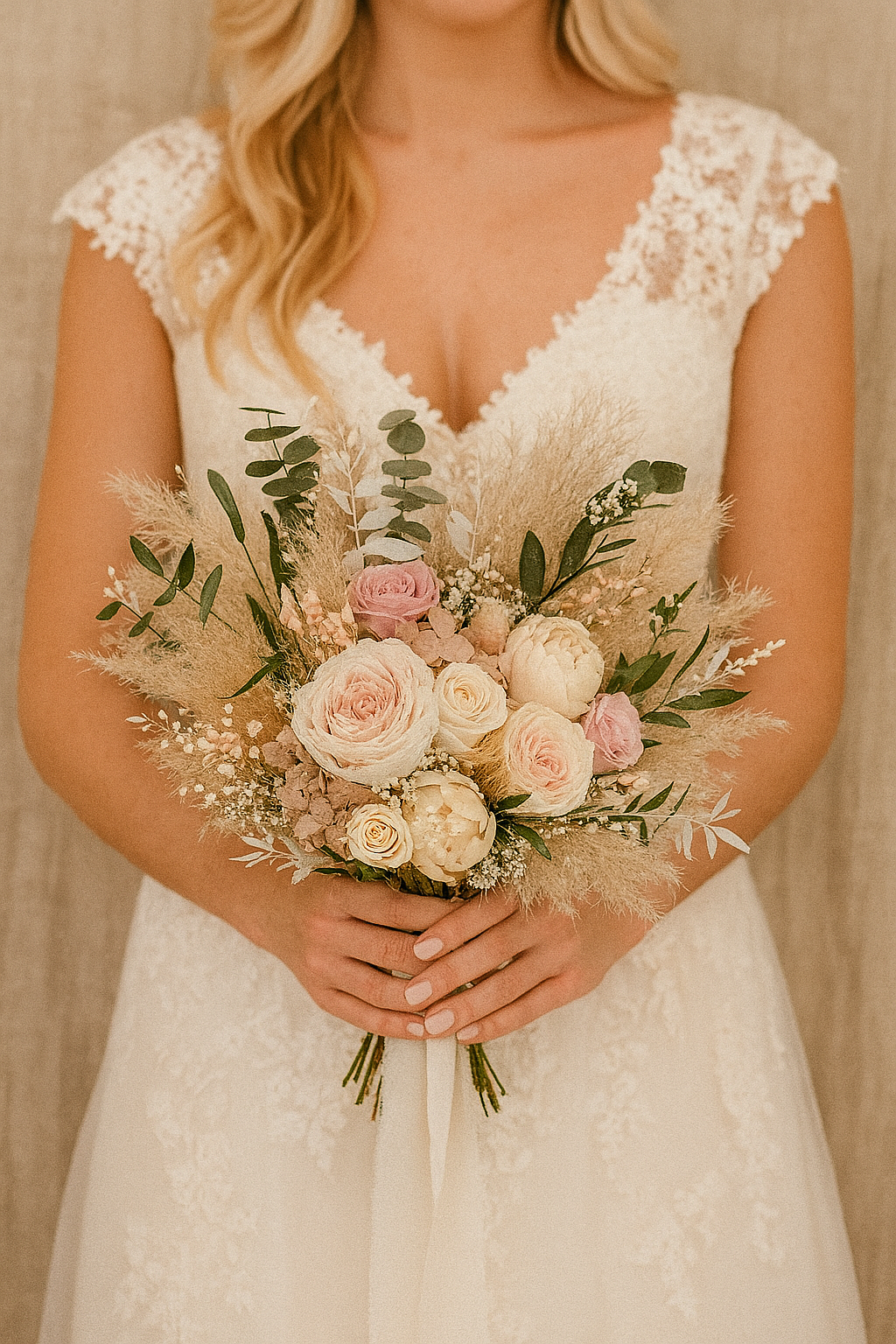 Blushing Bride Bridal Bouquet - Roses, peonies, pampas grass and eucalyptus