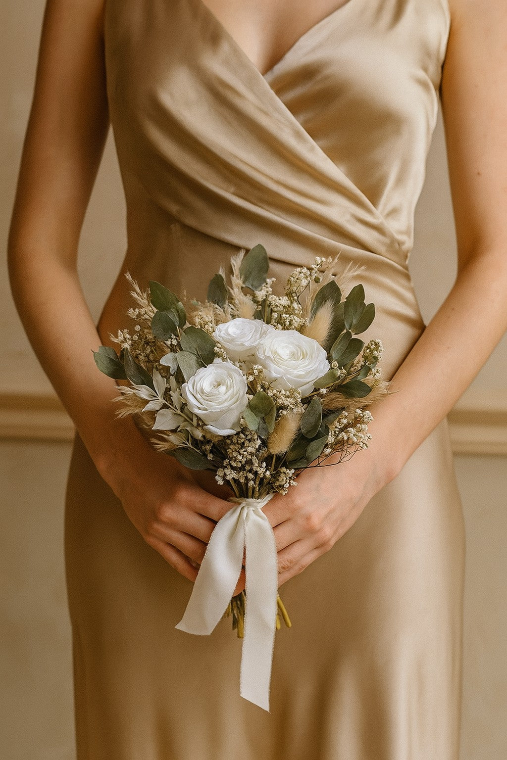 Eucalyptus and Rose Radiance Bridal Bouquet - Eucalyptus, Pampas Grass, White Roses