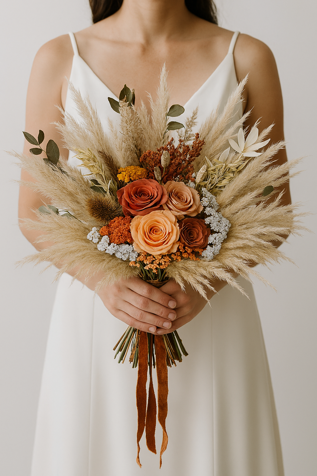 Autumn Bohemian Bridal Bouquet - Pampas Grass and Preserved Roses