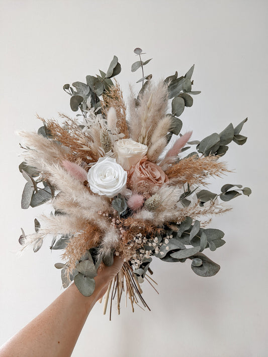True Love Bridal Bouquet - Green, Blush Preserved Roses and Eucalyptus