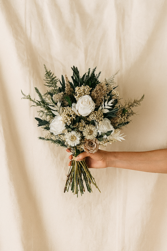 Winter Dried Flower Bridal Bouquet - Green Forest and Roses