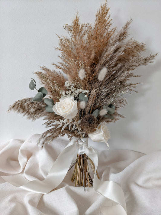 Boho Neutral Dried Flower Bridal Bouquet - Brown Pampas Grass and Preserved Roses