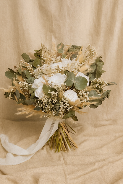 Eucalyptus and Rose Radiance Bridal Bouquet - Eucalyptus, Pampas Grass, White Roses