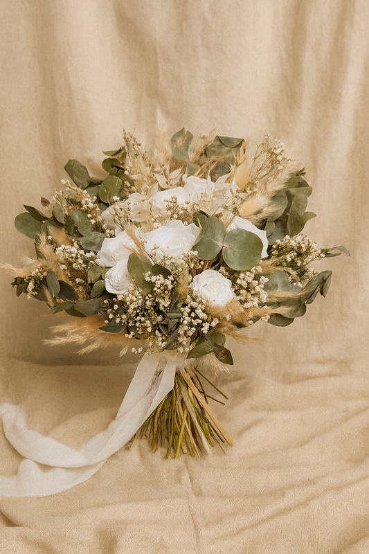 Eucalyptus and Rose Radiance Bridal Bouquet - Eucalyptus, Pampas Grass, White Roses