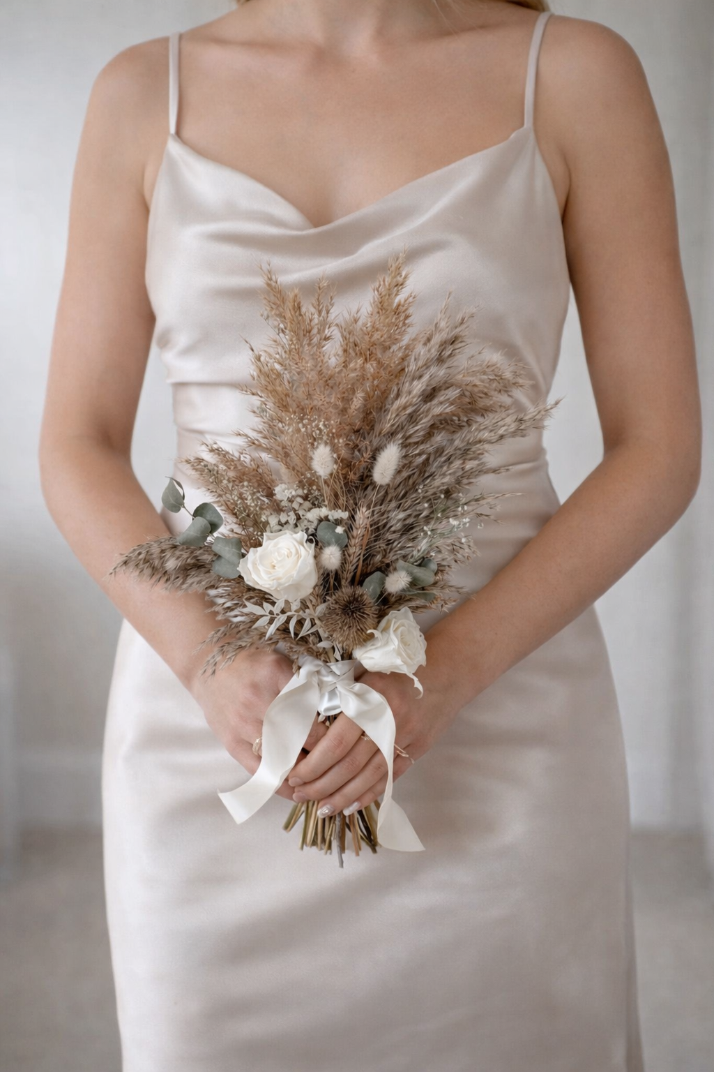 Boho Neutral Dried Flower Bridal Bouquet - Brown Pampas Grass and Preserved Roses