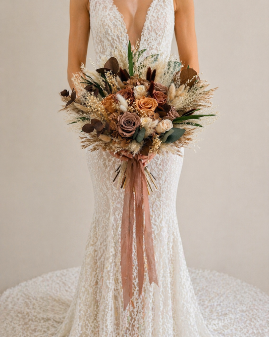 The Honeyed Mocha Bridal Bouquet - Preserved roses and pampas grass