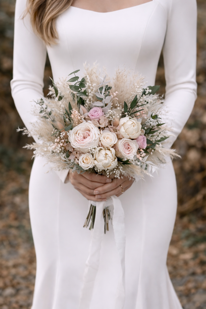 Blushing Bride Bridal Bouquet - Roses, peonies, pampas grass and eucalyptus