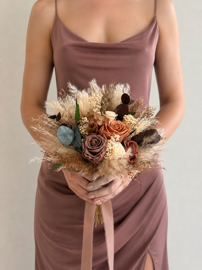 The Honeyed Mocha Bridal Bouquet - Preserved roses and pampas grass