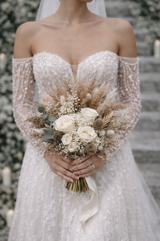 Boho Neutral Dried Flower Bridal Bouquet - Brown Pampas Grass and Preserved Roses