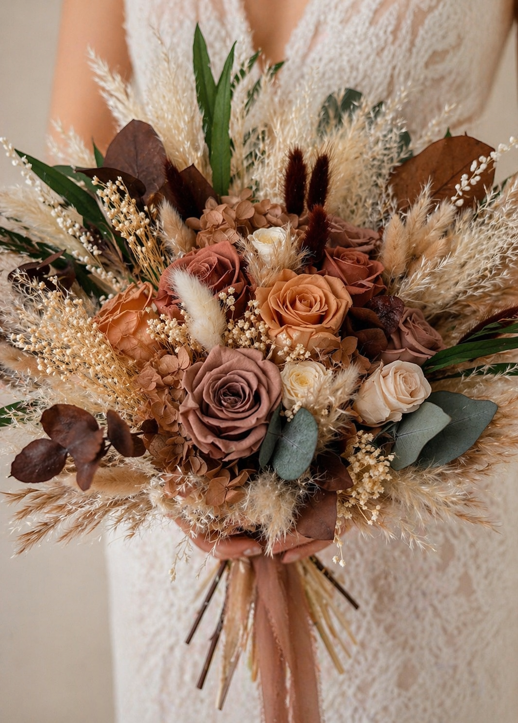 The Honeyed Mocha Bridal Bouquet - Preserved roses and pampas grass