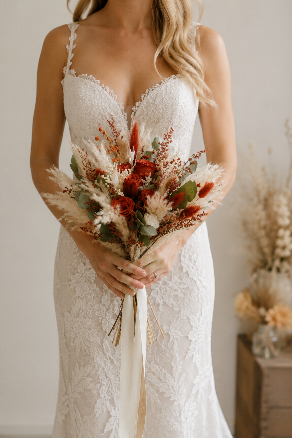 Autumn Wanderlust Bridal Bouquet - Terracotta, pampas and preserved roses