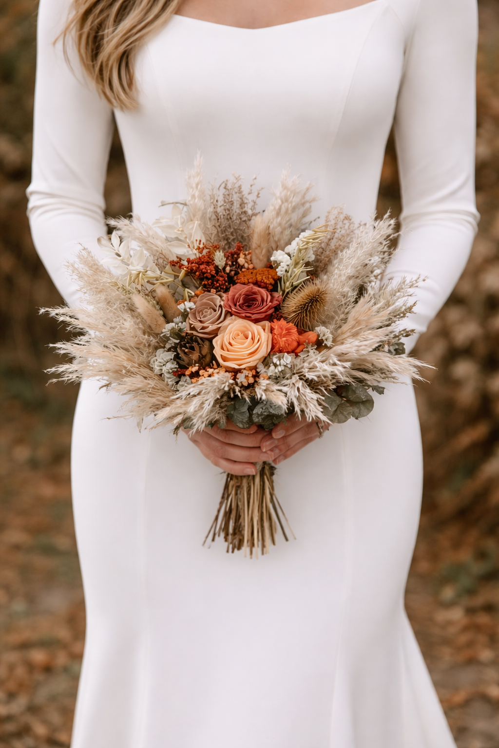 Autumn Bohemian Bridal Bouquet - Pampas Grass and Preserved Roses