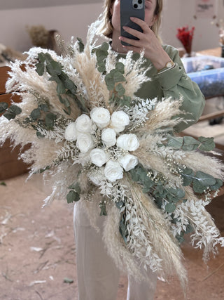 Neutral Boho Dried Flower Bridal Bouquet - Eucalyptus, Pampas Grass, White Roses