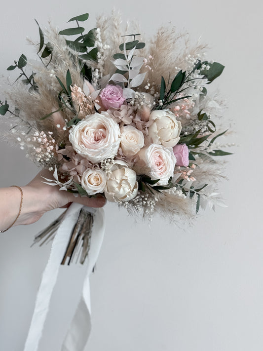 Blushing Bride Bridal Bouquet - Roses, peonies, pampas grass and eucalyptus