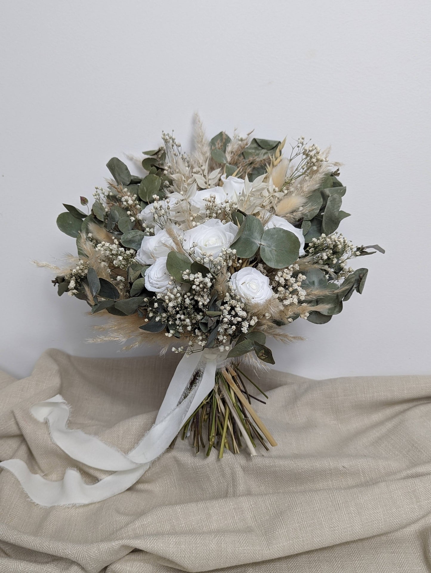 Eucalyptus and Rose Radiance Bridal Bouquet - Eucalyptus, Pampas Grass, White Roses