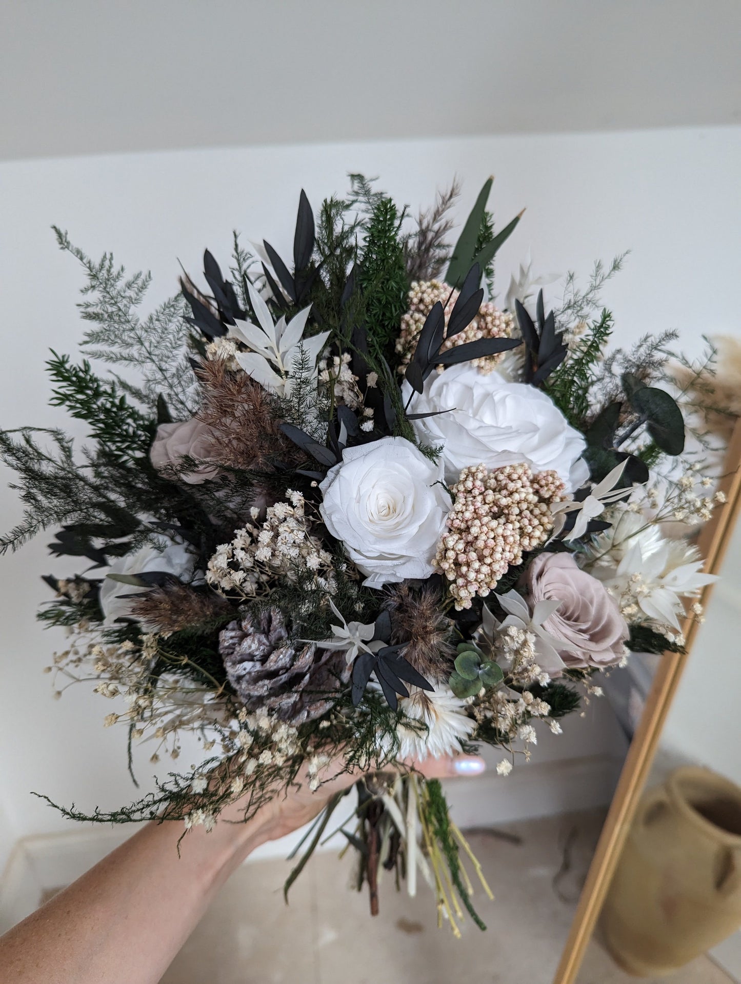 Winter Dried Flower Bridal Bouquet - Green Forest and Roses