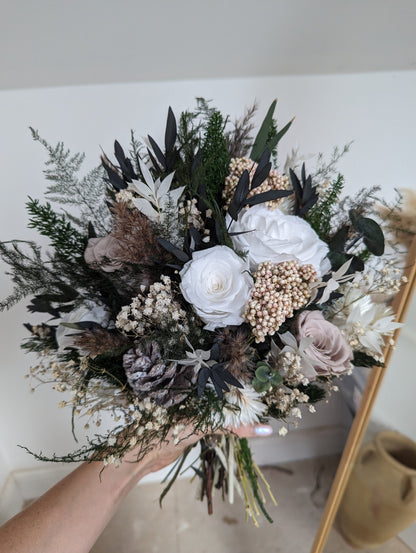 Winter Dried Flower Bridal Bouquet - Green Forest and Roses