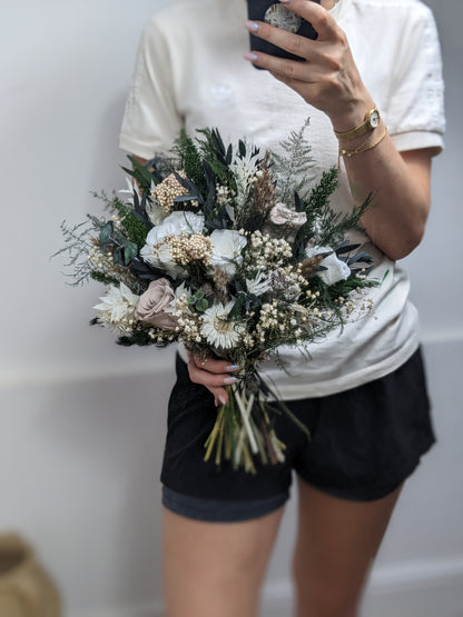 Winter Dried Flower Bridal Bouquet - Green Forest and Roses