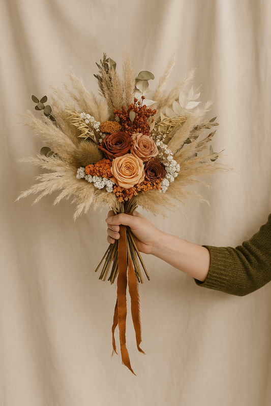 Autumn Bohemian Bridal Bouquet - Pampas Grass and Preserved Roses