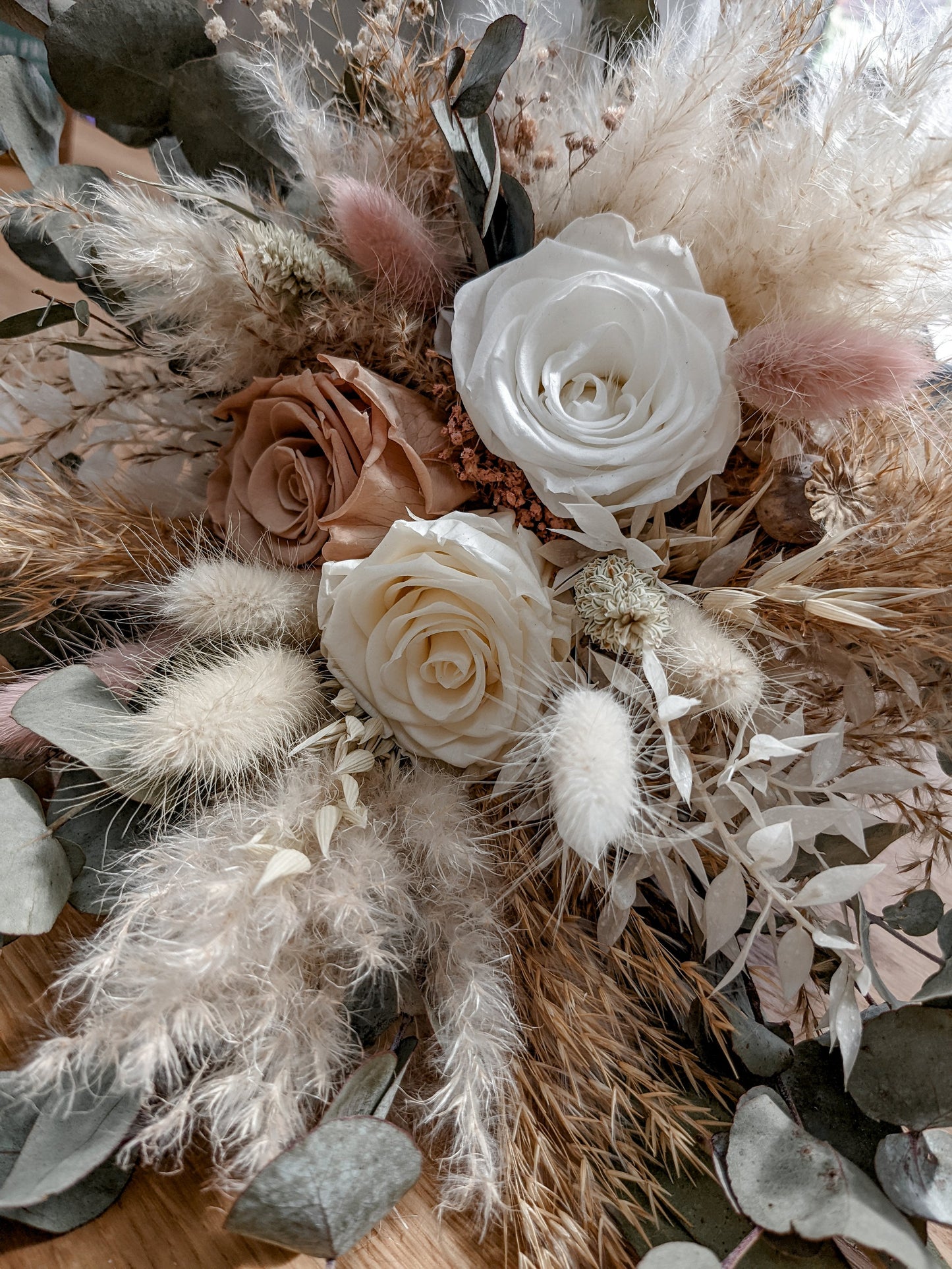 True Love Bridal Bouquet - Green, Blush Preserved Roses and Eucalyptus