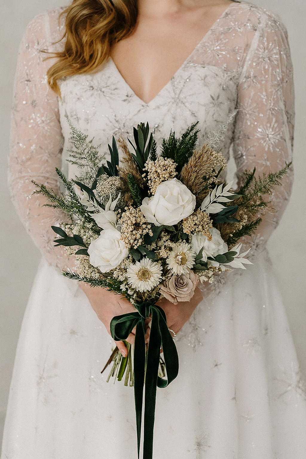 Winter Dried Flower Bridal Bouquet - Green Forest and Roses